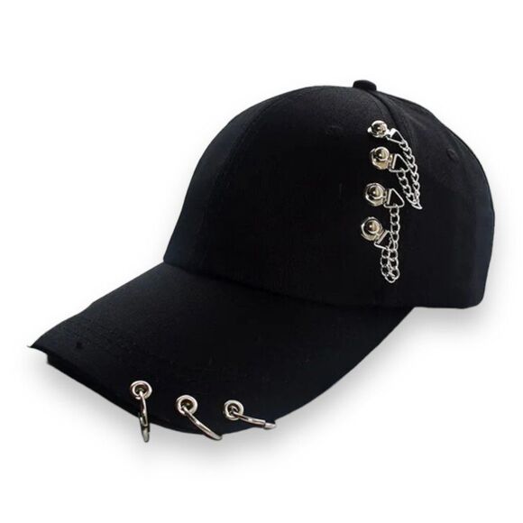 Stylish Silver Chain 0-Rings Black Baseball Cap - NEW - Picture 2 of 3
